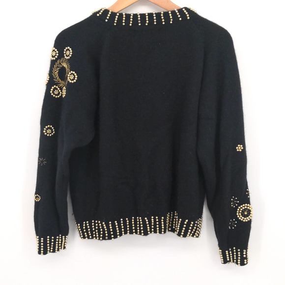Vintage Lambs Wool Angora Rabbit Gold Beaded Sweater Floral Design Black Size L - Picture 3 of 7
